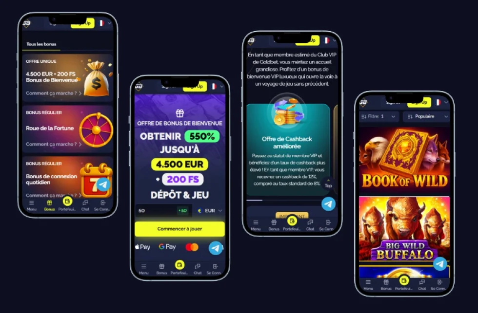 Application mobile Goldbet avec interface de casino, offres de bonus, jeux et programme de fidélité VIP