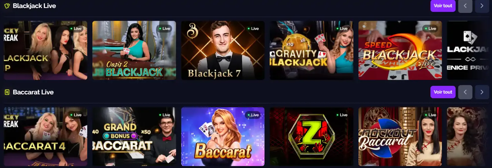 Interface du casino en direct Goldbet présentant des jeux de Blackjack Live et de Baccarat Live