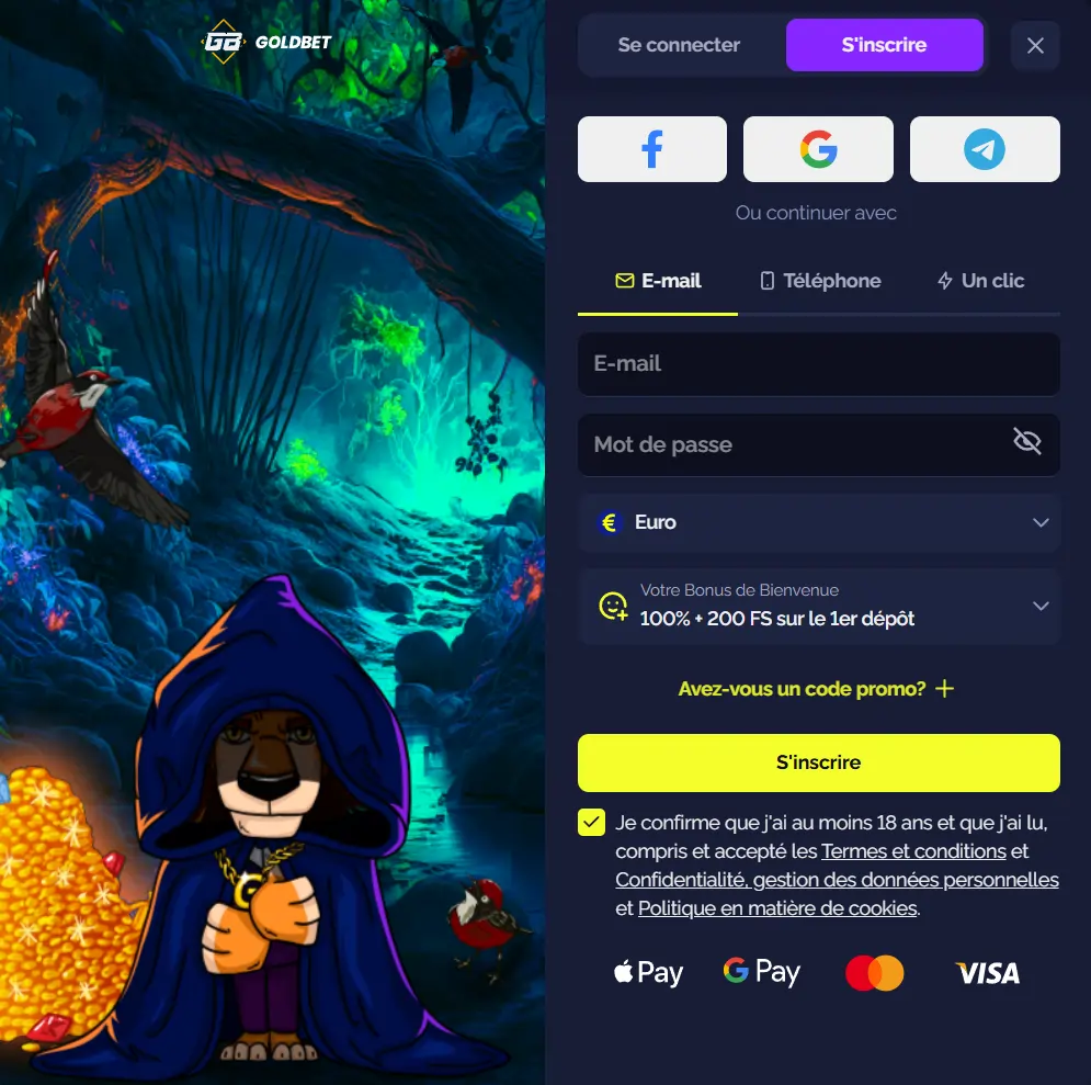 Goldbet Casino formulaire d’inscription avec bonus de bienvenue et paiement mobile