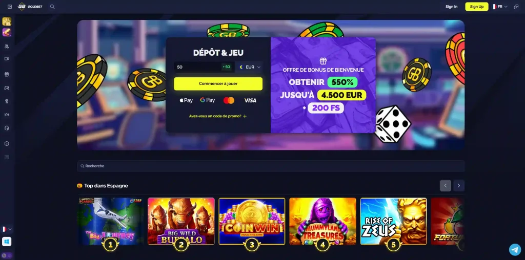 Goldbet Casino lobby avec bonus de bienvenue de 550% et machines à sous